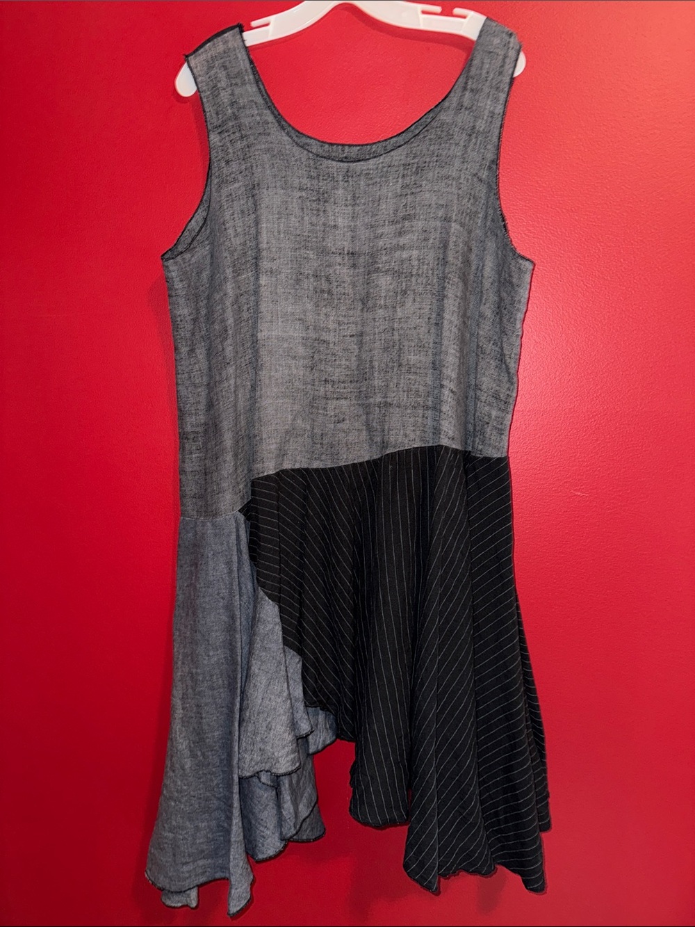 Cynthia Ashby 100% Linen Artsy Patchwork Lagenlook Black & Gray Dress Sz L